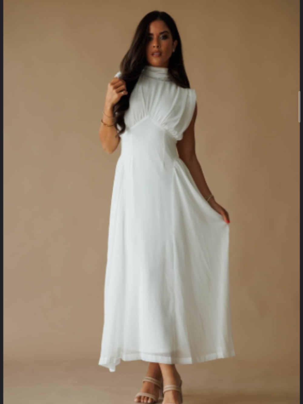 Sleeveless White Midi Dress with High Neck